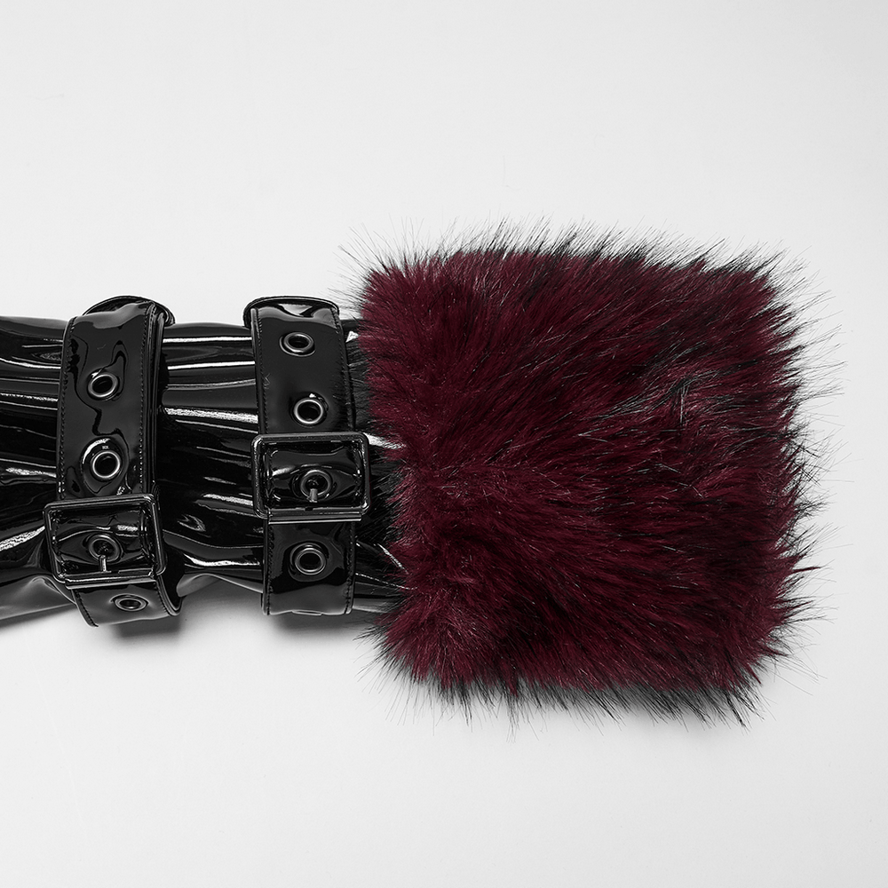 Detail of Women's Patent Leather Coat with Burgundy Faux Fur showcasing black patent leather and burgundy faux fur.