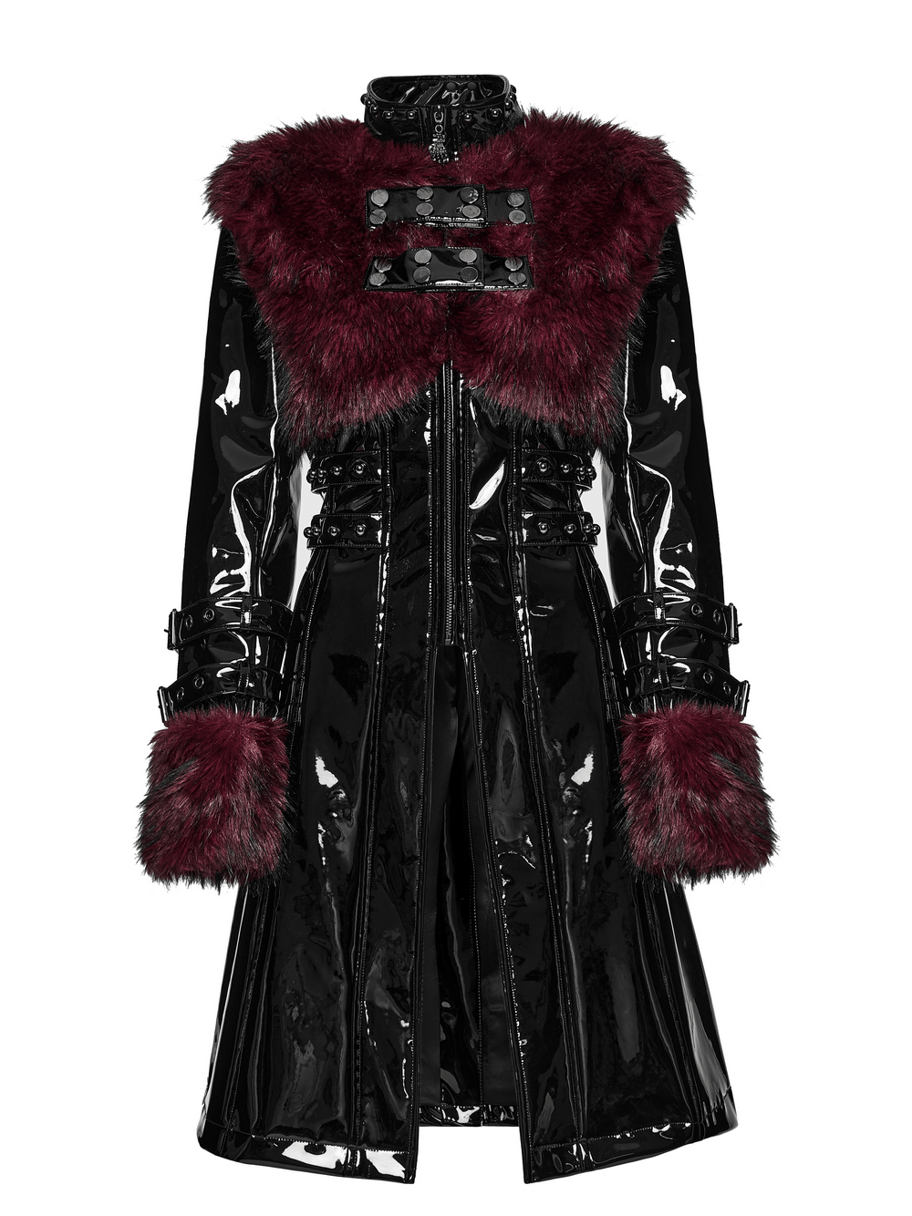 Women's Patent Leather Coat with Burgundy Faux Fur featuring bondage straps and dramatic red fur collar.