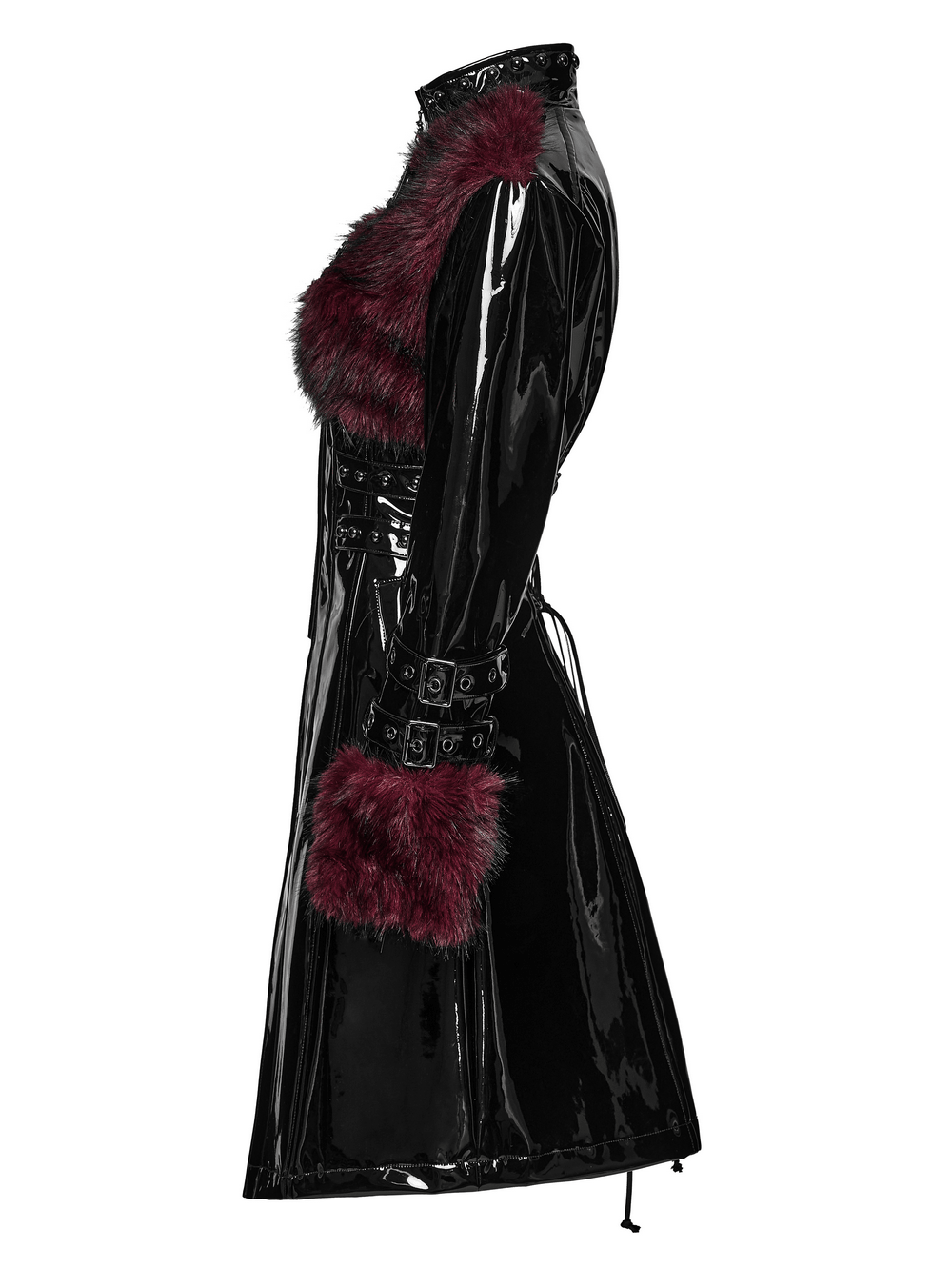 Women's Patent Leather Coat with Burgundy Faux Fur showcasing a punk style with red fur and bondage straps.