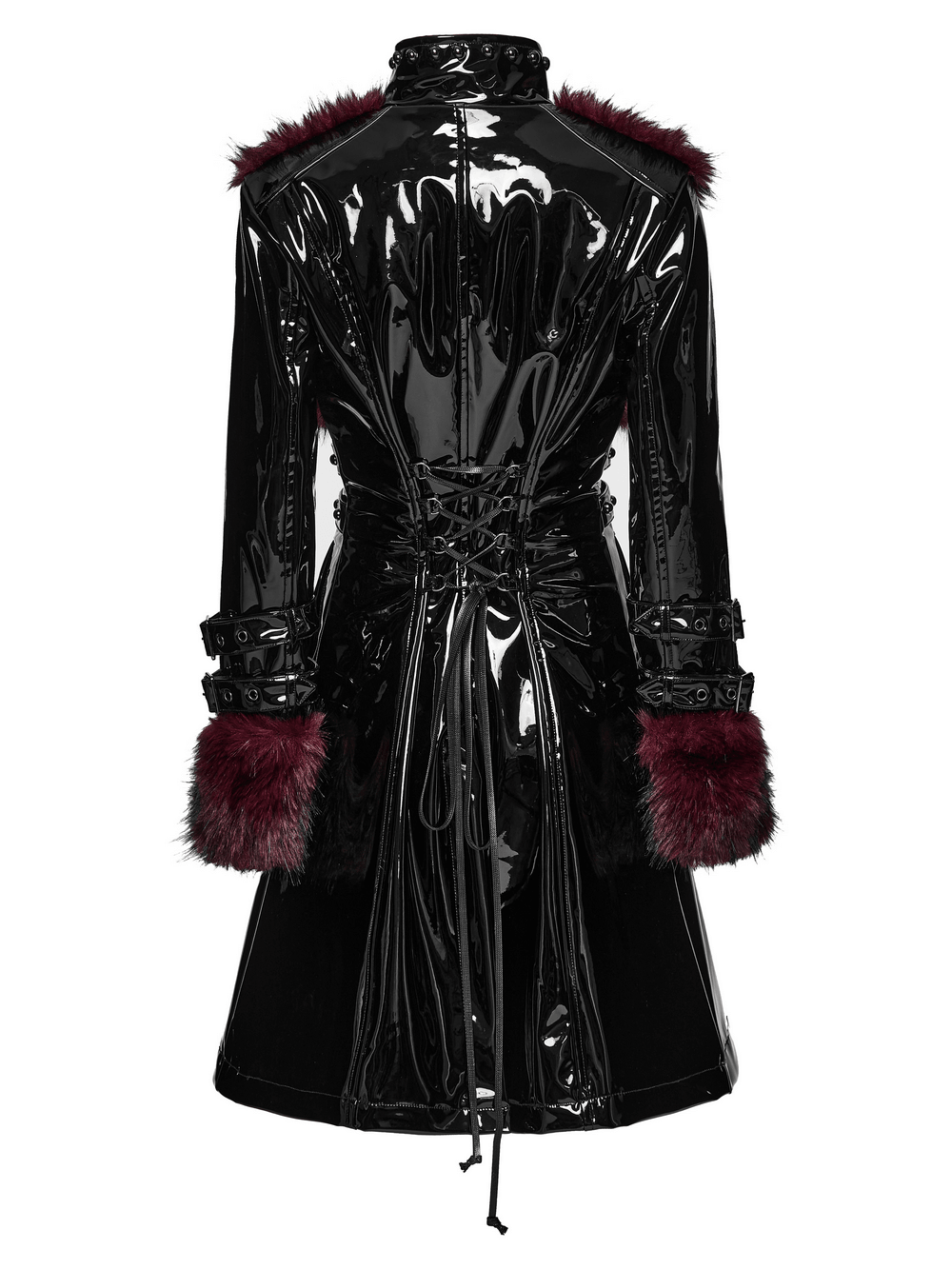 Back view of Women's Patent Leather Coat with Burgundy Faux Fur featuring bondage straps and dramatic A-line silhouette.