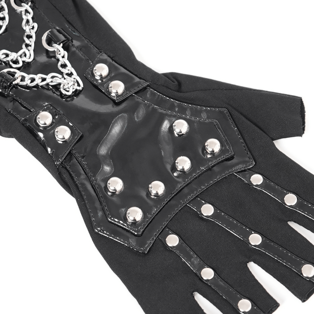 Black patent leather women's gloves with chains and studs for a bold, edgy fashion statement.