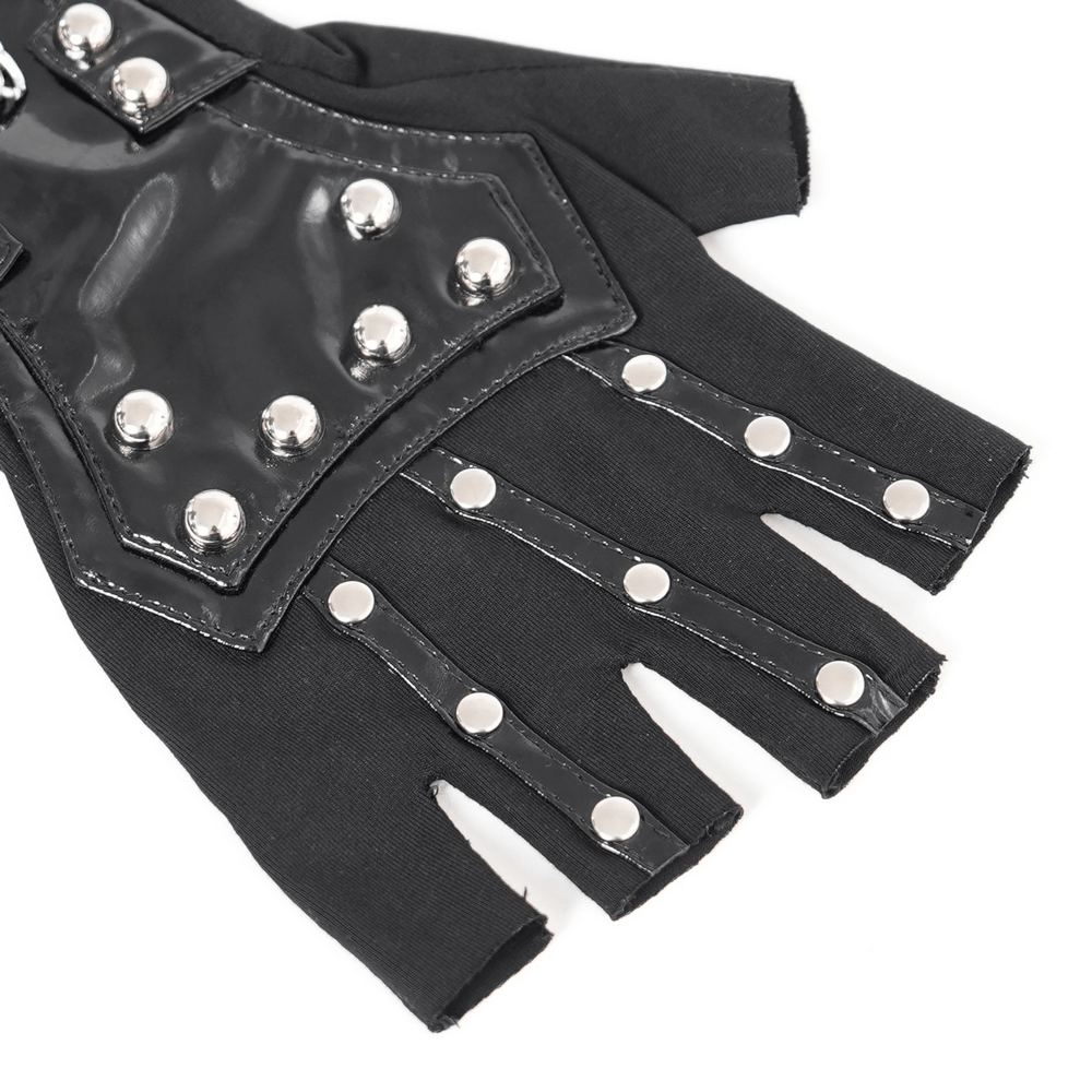 Edgy women's patent leather gloves featuring chain details and silver studs for a bold, fashionable look.