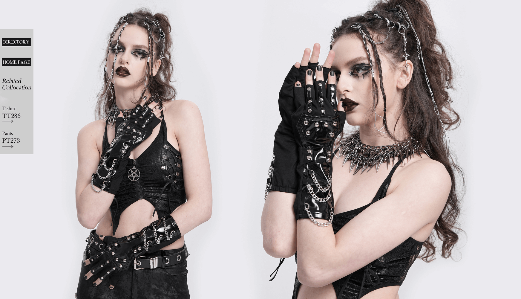 Edgy black studded gloves with chains worn by a model, showcasing a daring punk style.