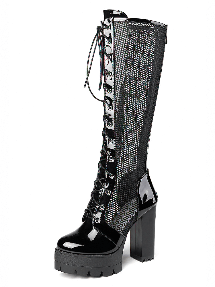 Women's patent leather knee-high mesh boots with zippers and high heels for trendy outfits.
