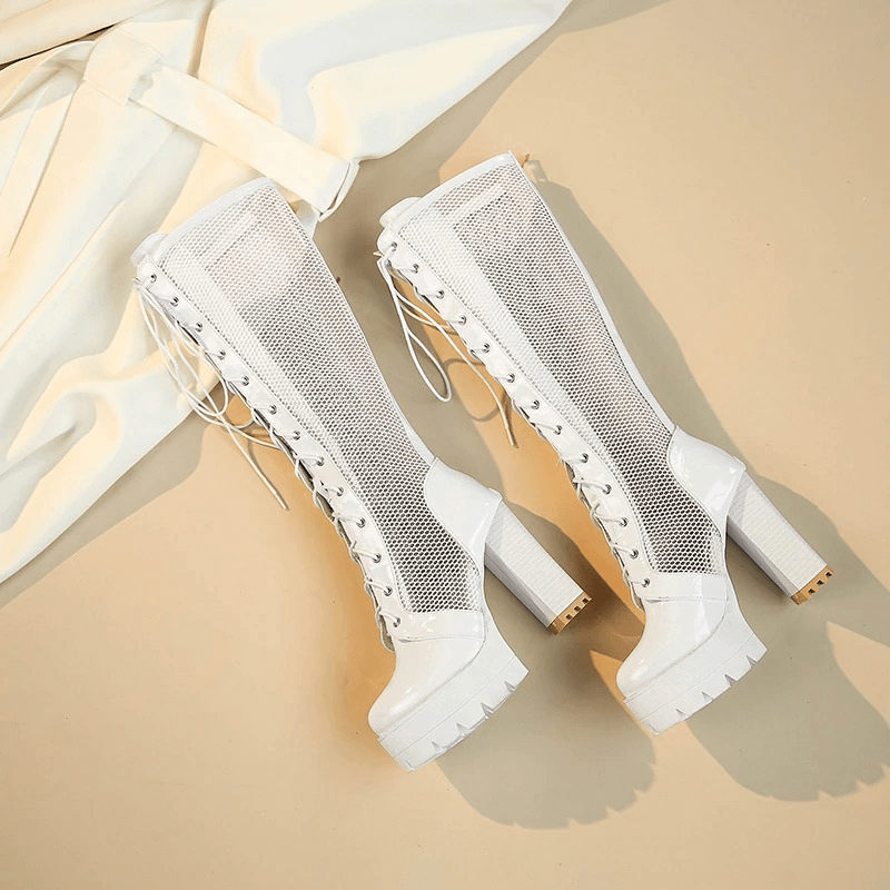 Chic women's patent leather knee-high mesh boots with high heels and laces, perfect for stylish outfits.