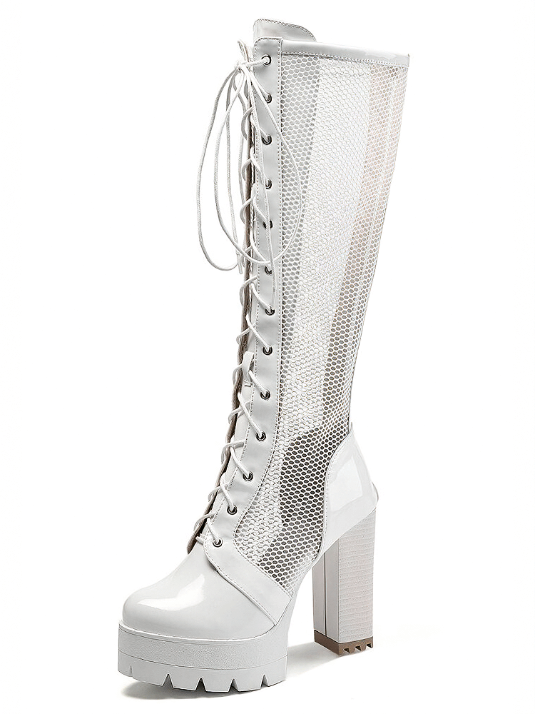 Women's patent leather knee-high mesh boots with breathable design and stylish high heels.