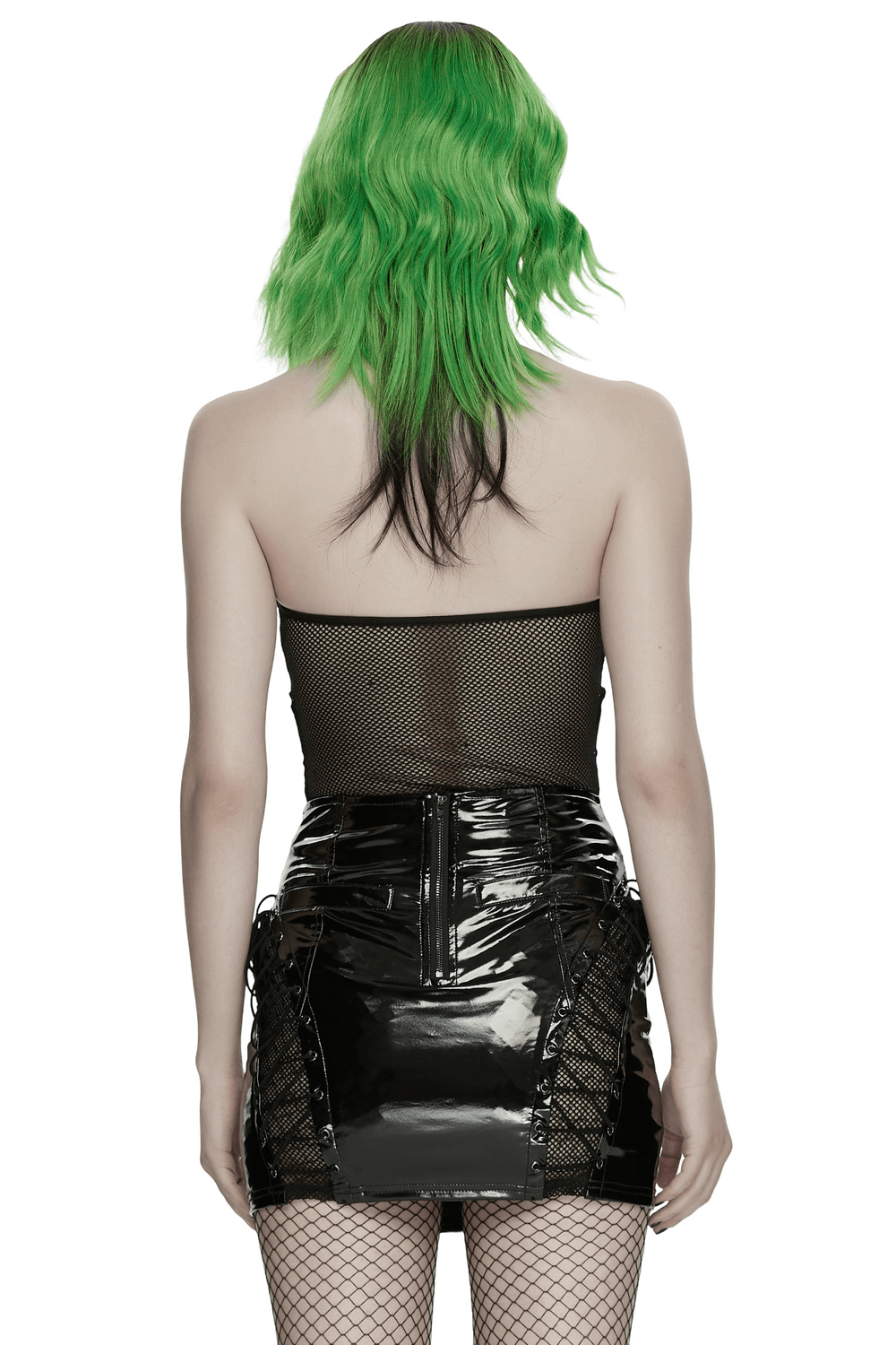 Alt Tag: Back view model wearing Women's Patent Leather Mesh Lace Up Halter Top with glossy patent lace-up skirt and fishnet stockings
