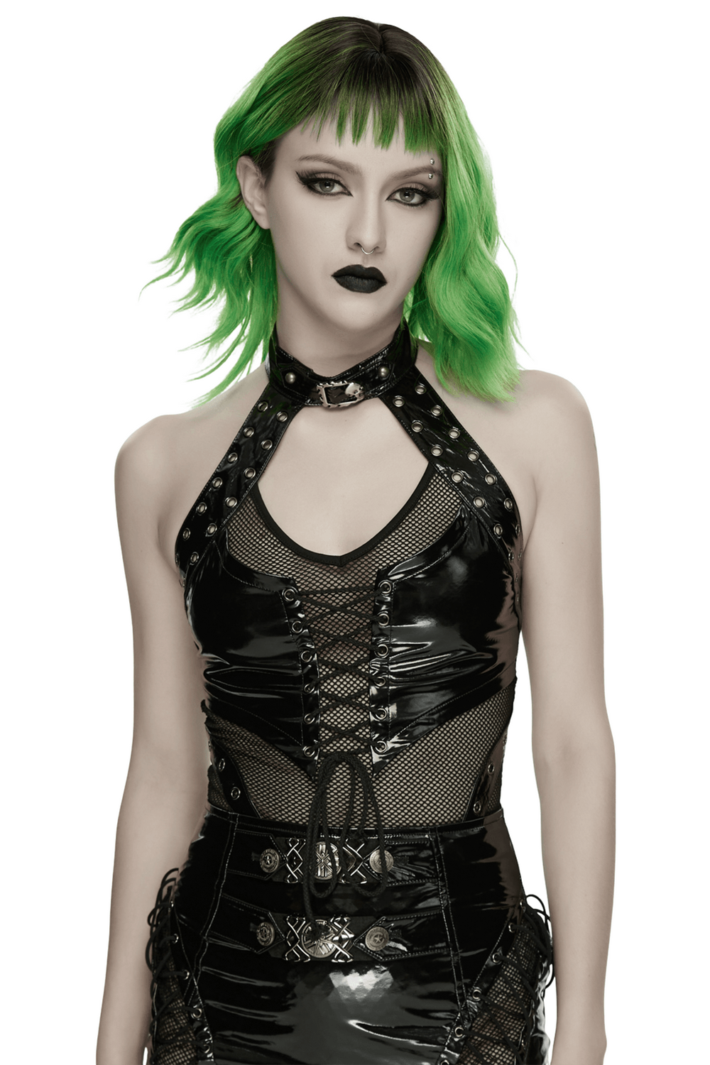 Alt Tag: Women's Patent Leather Mesh Lace Up Halter Top on model in black patent and mesh with lace-up front, edgy goth look