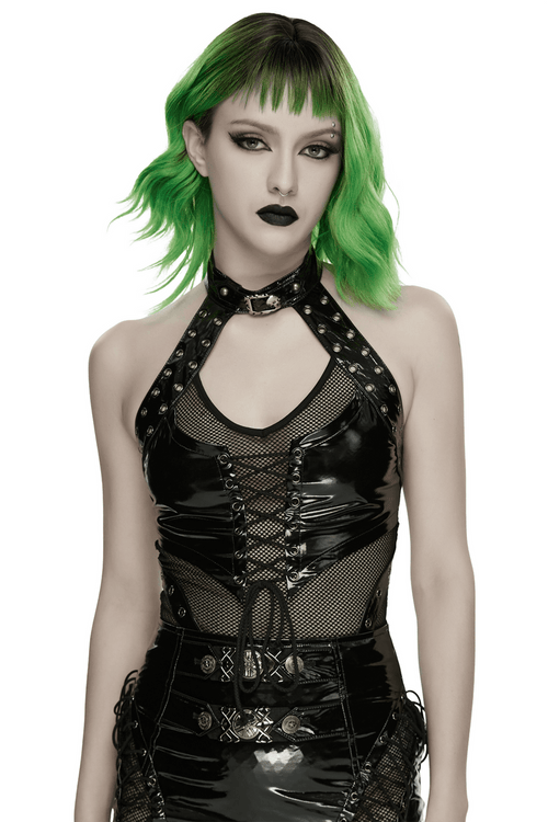 Top Halter de Mujer de Charol con Encaje y Malla