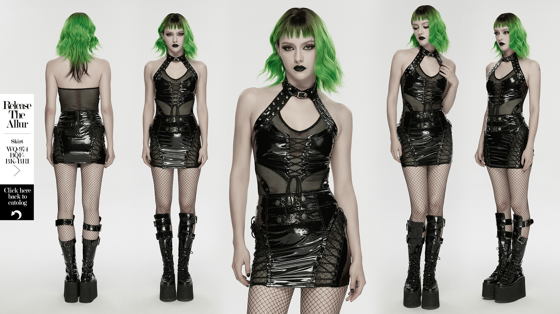 Alt Tag: Women's Patent Leather Mesh Lace Up Halter Top in glossy black with mesh panels, lace-up front, and matching mini skirt on model