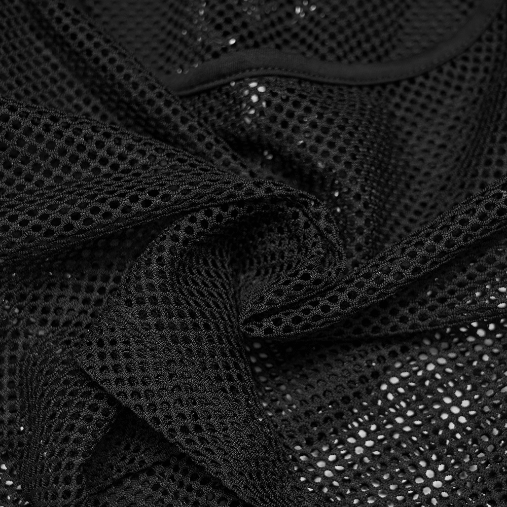 Alt Tag: Women's Patent Leather Mesh Lace Up Halter Top close-up of black mesh fabric with glossy patent trim and lace-up detail