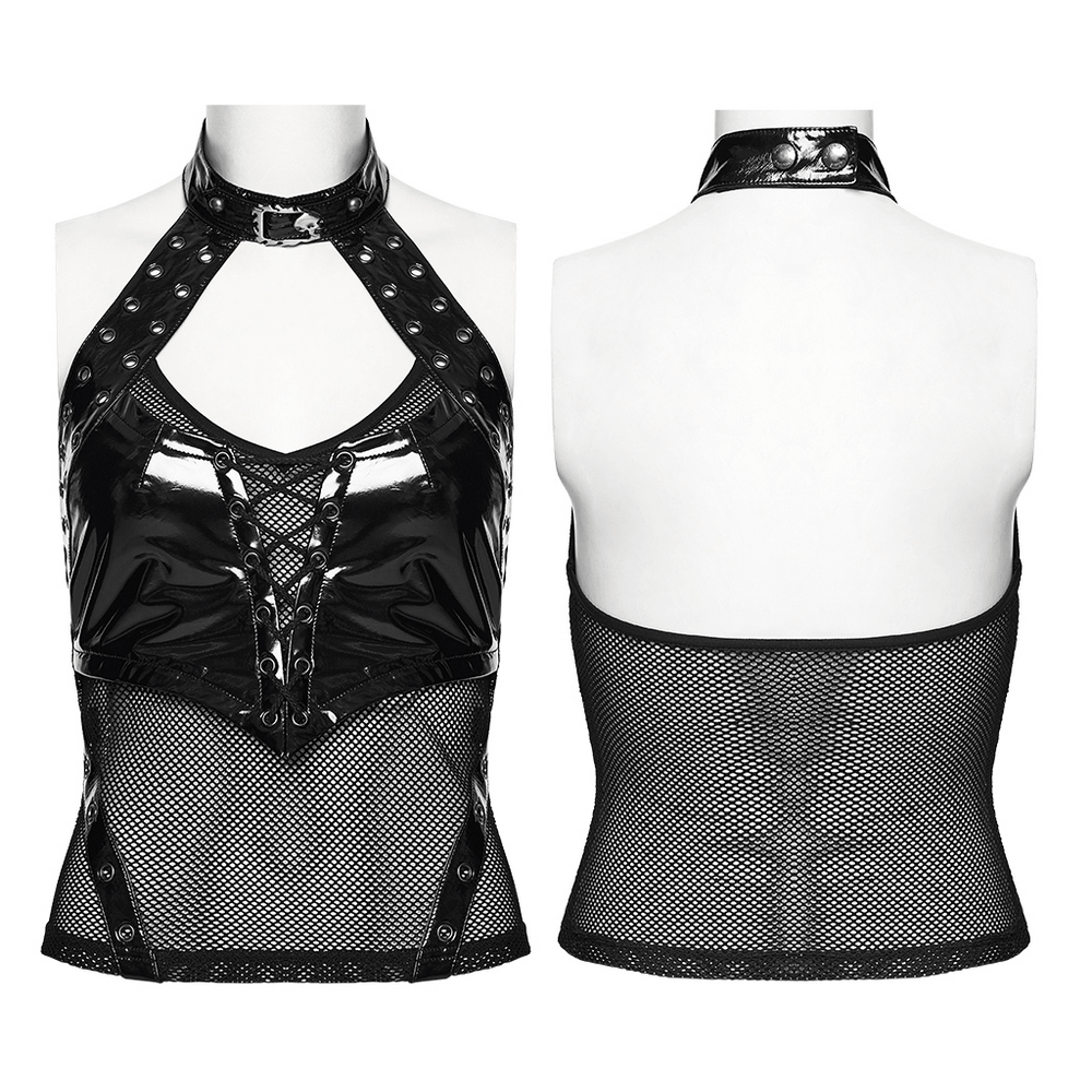 Alt Tag: Women's Patent Leather Mesh Lace Up Halter Top front and back view, black patent leather and mesh lace-up halter