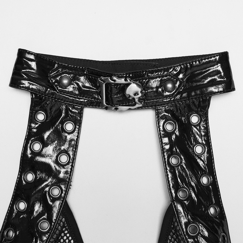 Alt Tag: Women's Patent Leather Mesh Lace Up Halter Top with glossy black patent straps, metal grommets, and center buckle detail