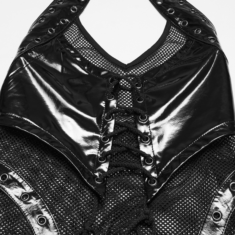 Women's Patent Leather Mesh Lace Up Halter Top close-up in glossy black patent leather with mesh panels and lace-up front