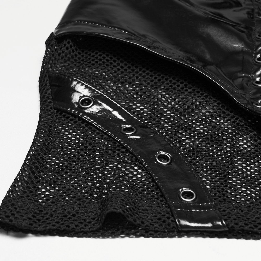Alt Tag: Women's Patent Leather Mesh Lace Up Halter Top close-up, shiny patent leather trim with breathable black mesh and lace-up eyelets