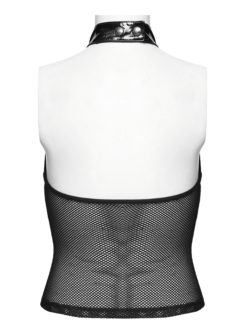 Alt Tag: Women's Patent Leather Mesh Lace Up Halter Top back view, black patent collar and breathable mesh panel for a bold, flirty look