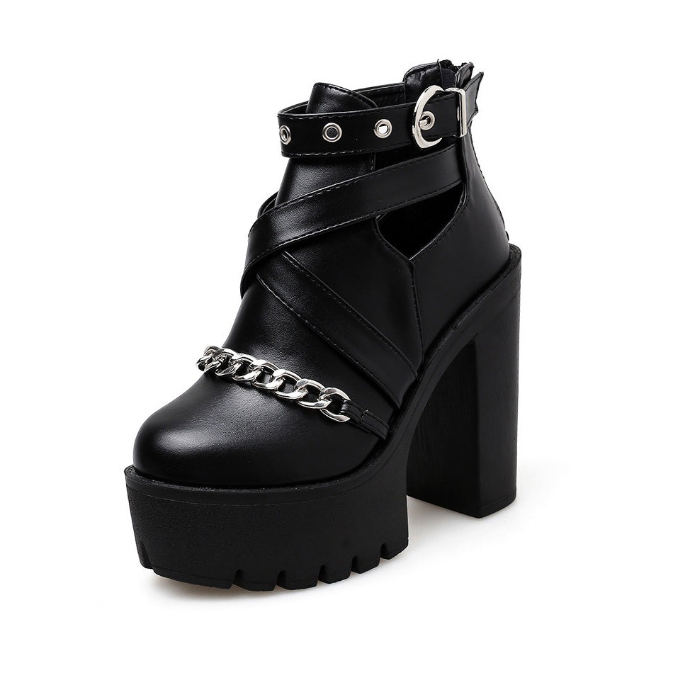 Women's Platform Ankle Boots with Chain from Front / Gothic Waterproof Platform High Heel Shoes - HARD'N'HEAVY