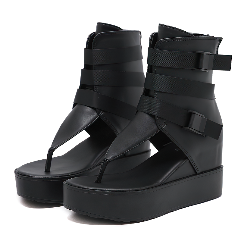 Women's Platform Ankle Strap Sandals / Female Black Leather Fashion Shoes - HARD'N'HEAVY