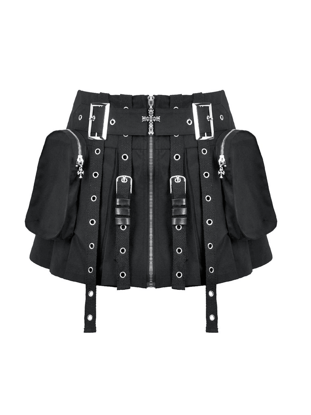 Women's Pleated Skirt with Zip Details and Studded Straps featuring pockets and edgy design.