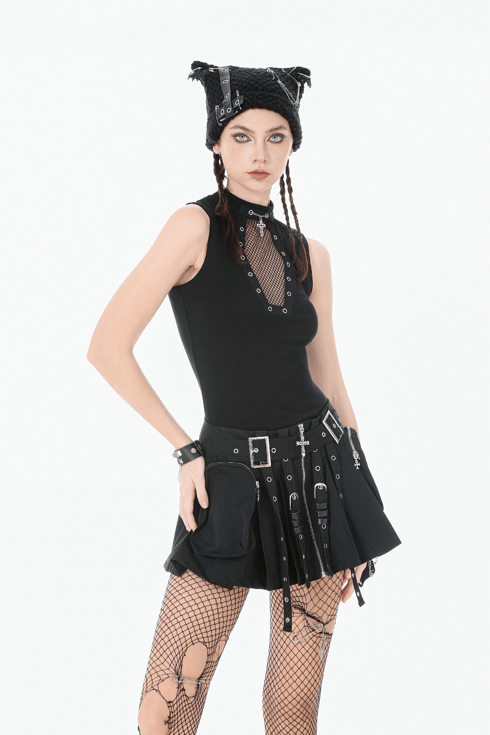 Women's Pleated Skirt with Zip Details and Studded Straps styled in a gothic outfit with edgy accessories.