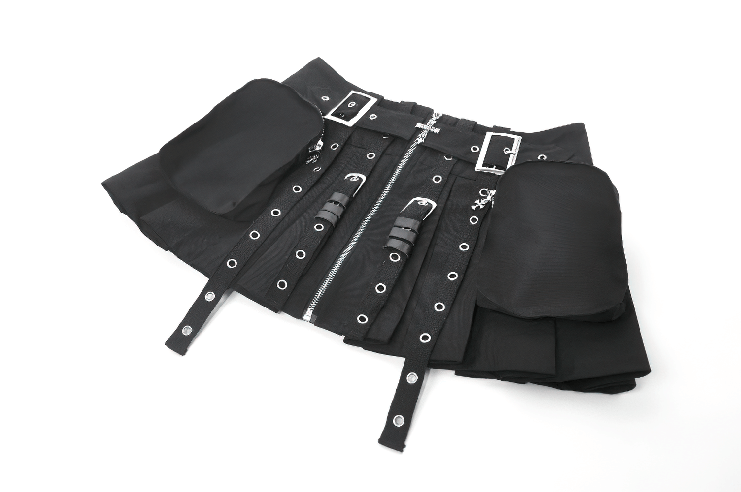Women's Pleated Skirt with Zip Details and Studded Straps featuring zippers and functional pockets in black gothic style.