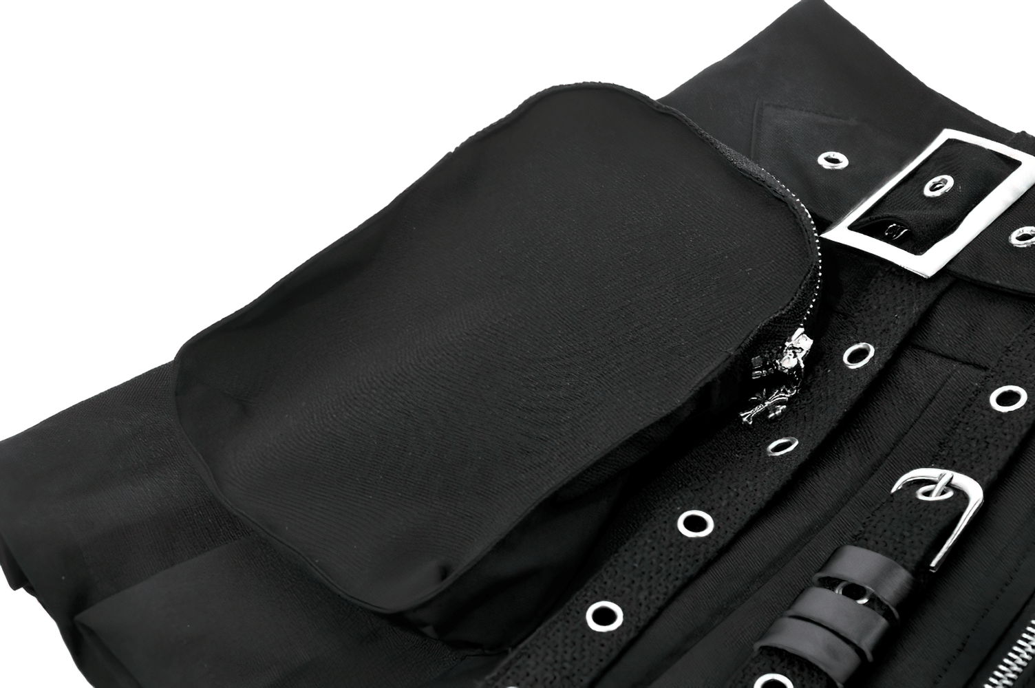 Close-up of Women's Pleated Skirt with Zip Details and Studded Straps showcasing zippers and pocket features.