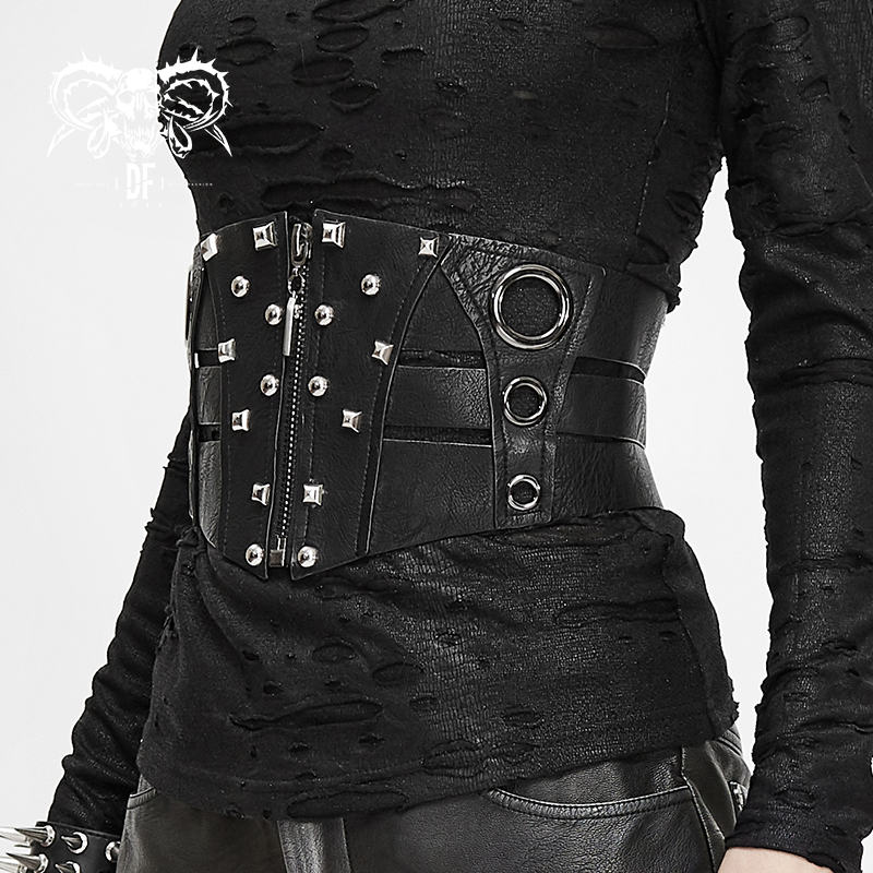 Women's Gothic PU leather corset belt with zipper and silver rivets, stylish and form-enhancing.