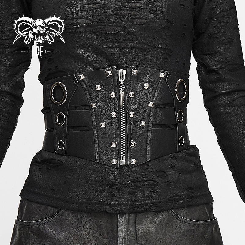 Gothic women's black PU leather corset belt with decorative zipper and silver rivets, stylish gothic fashion.