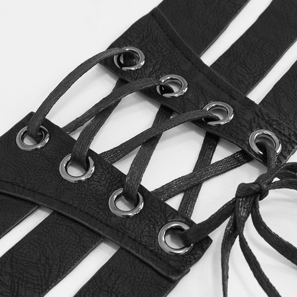 Close-up of black PU leather corset lacing with silver grommets and drawstrings for gothic style.