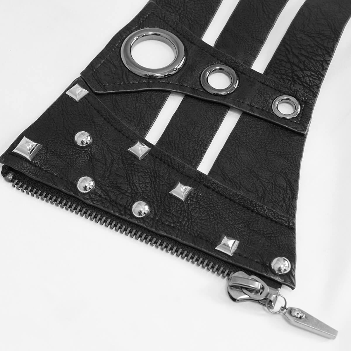 Close-up of a black PU leather belt featuring silver rivets, zippers, and gothic style embellishments.