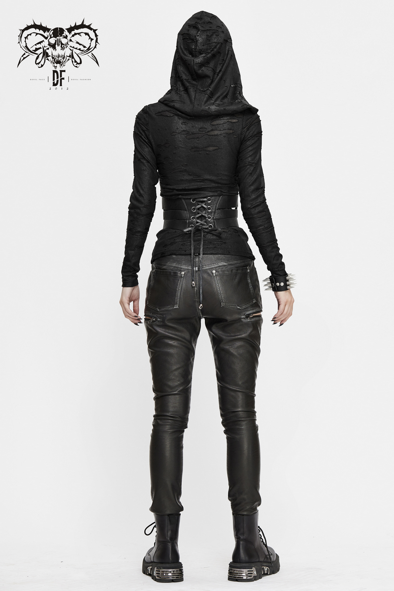 Woman in black gothic corset and fitted leather pants, showcasing a stylish back view with a hooded top.