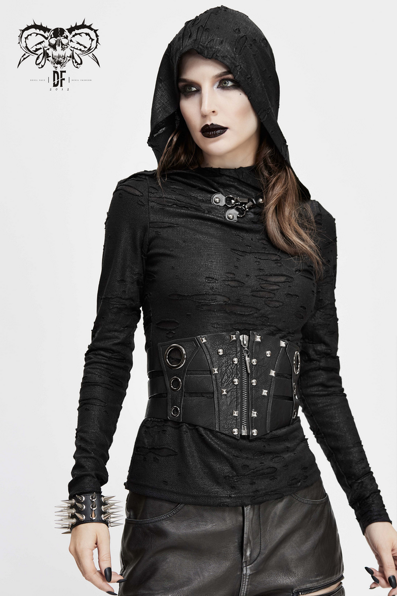 Gothic women's outfit featuring a black hoodie and PU leather corset with rivets, perfect for a stylish edgy look.