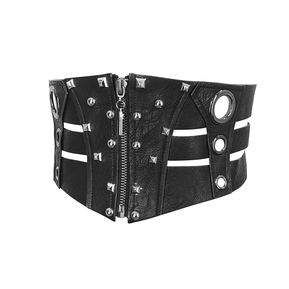 Stylish women's black PU leather gothic corset with silver rivets and front zipper detail.
