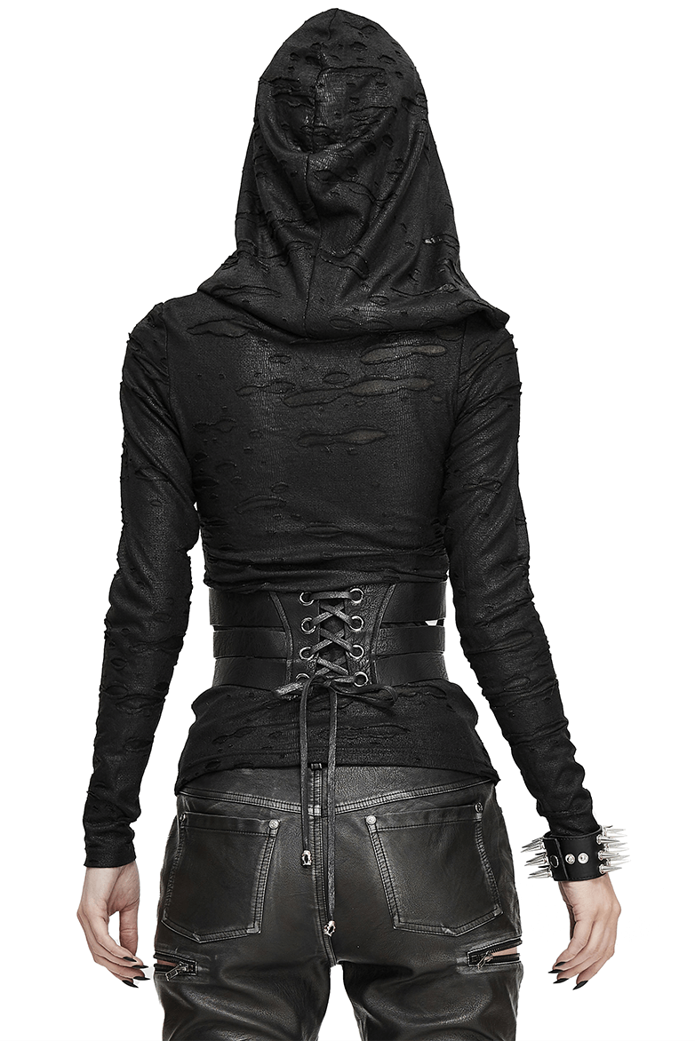 Back view of a woman in a distressed black hoodie with a corset belt, showcasing gothic fashion style.