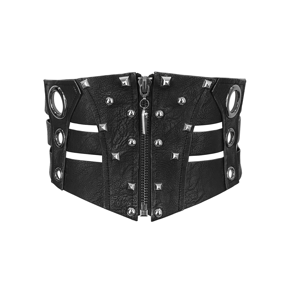 Stylish women's black PU leather gothic corset with front zipper and decorative silver rivets.