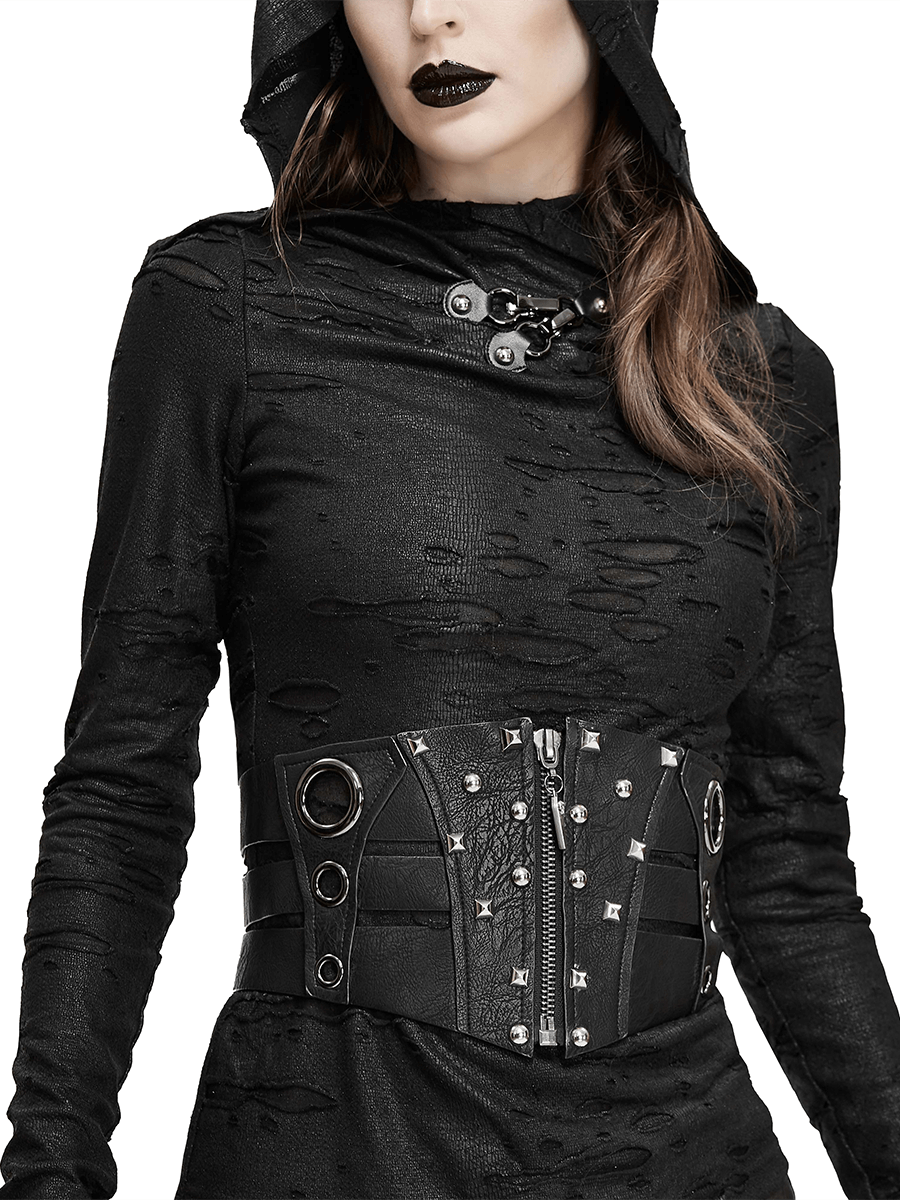 A stylish woman wearing a black gothic PU leather corset belt featuring zippers and rivets for a striking look.