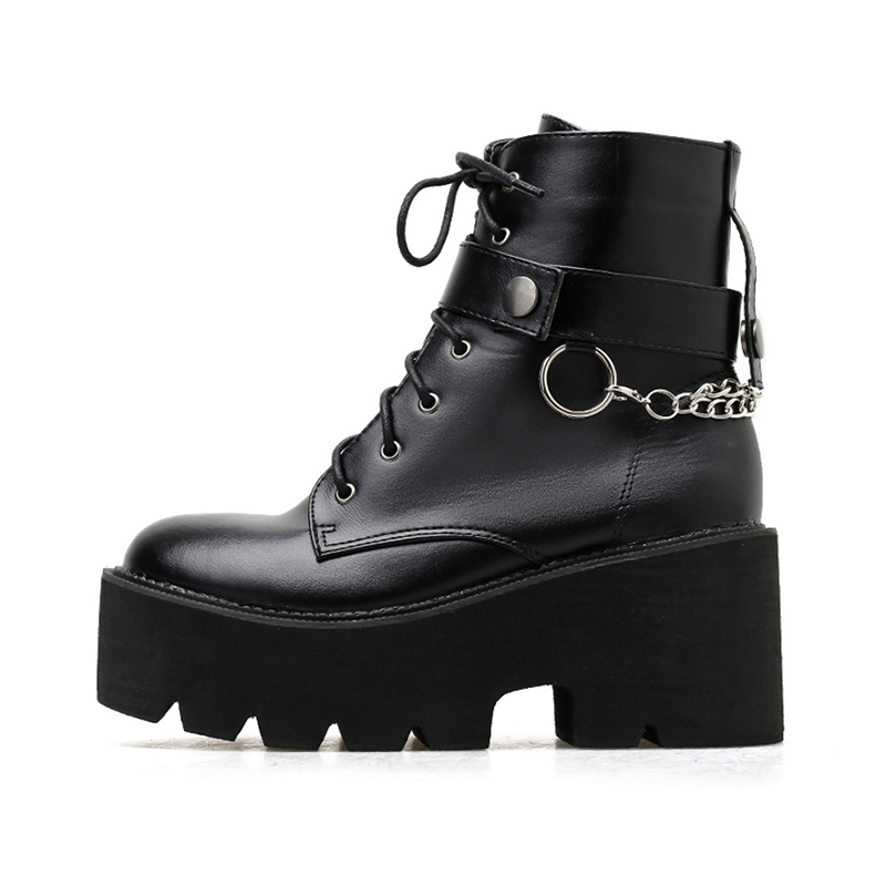 Women’s black PU leather gothic boots with platform soles and stylish chain detail for a trendy autumn look.