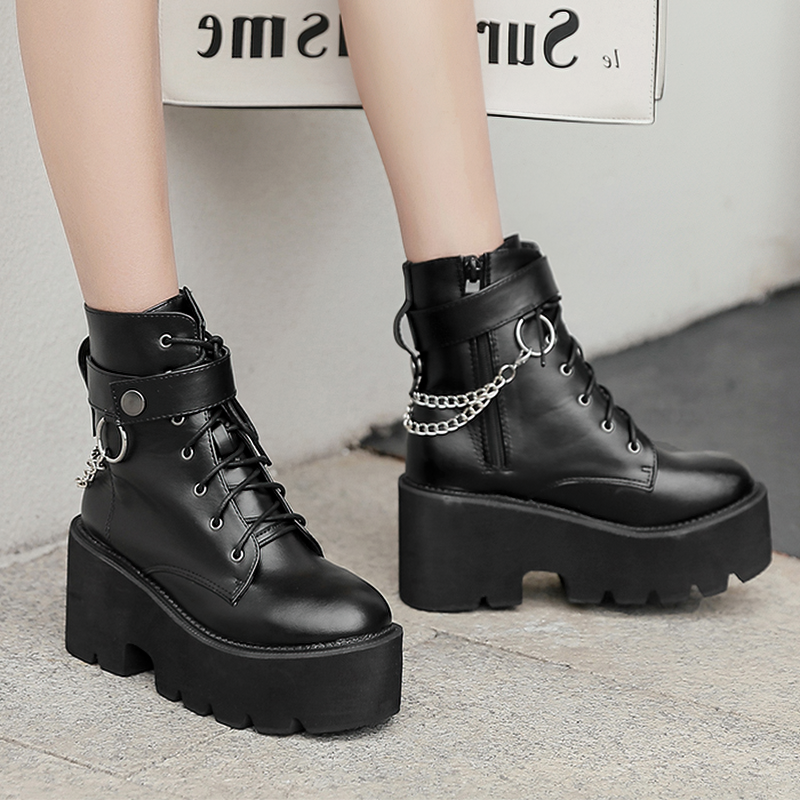 Stylish women's black PU leather gothic boots with platform, laces, and metal chain detail, perfect for autumn outfits.