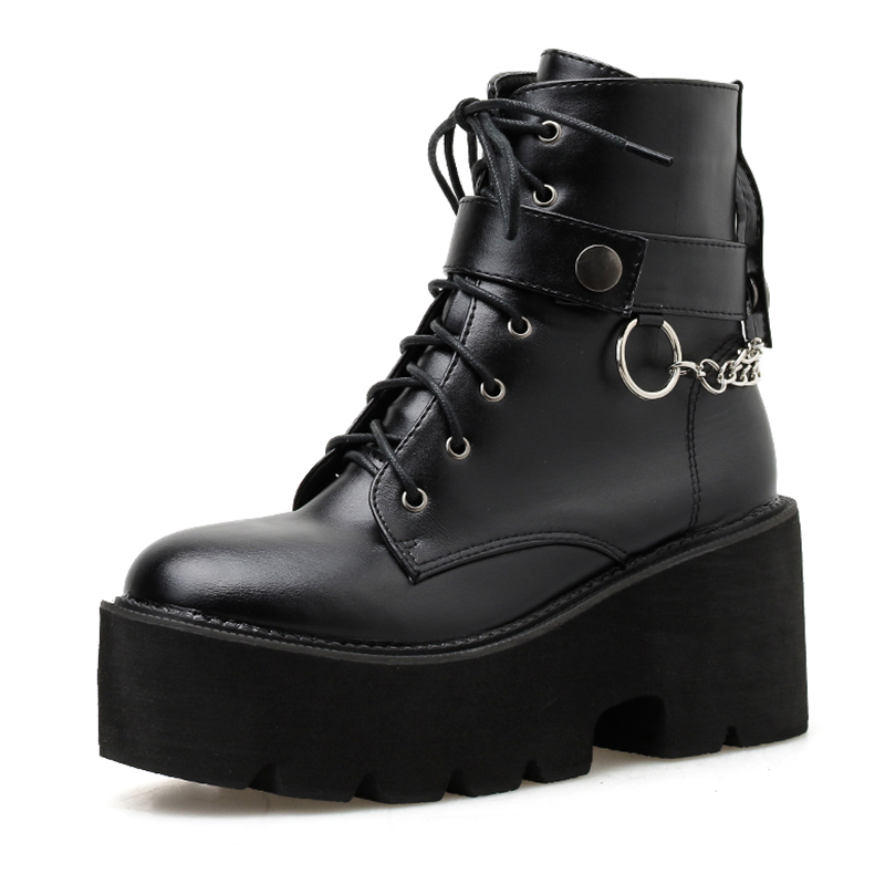 Women's black PU leather gothic platform boots with lace-up design and stylish chain detail.