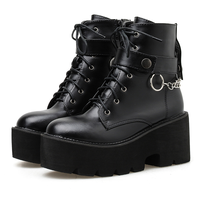 Women's black PU leather gothic platform boots with chains and laces, perfect for autumn fashion.