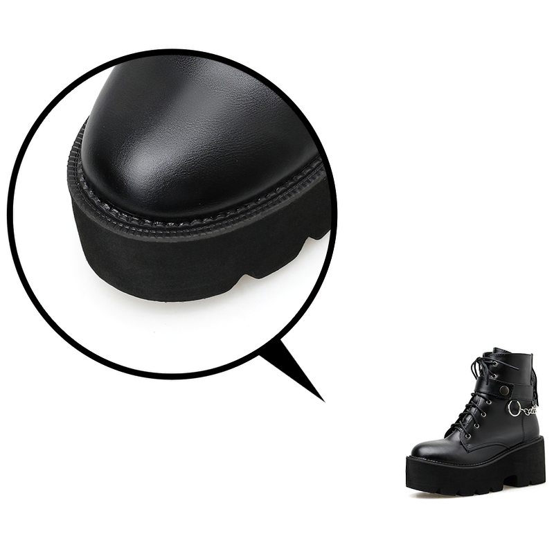 Close-up view of women's black PU leather gothic boots with chain detail and thick platform sole.