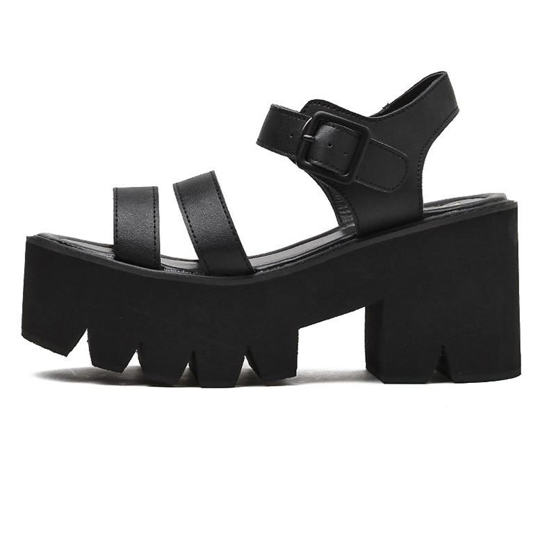 Women's PU Leather Black Platform Sandals With Buckles / Fashion High Heel Casual Shoes - HARD'N'HEAVY