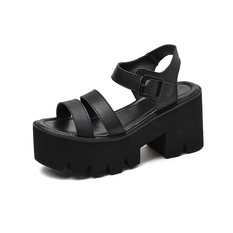 Women's PU Leather Black Platform Sandals With Buckles / Fashion High Heel Casual Shoes - HARD'N'HEAVY