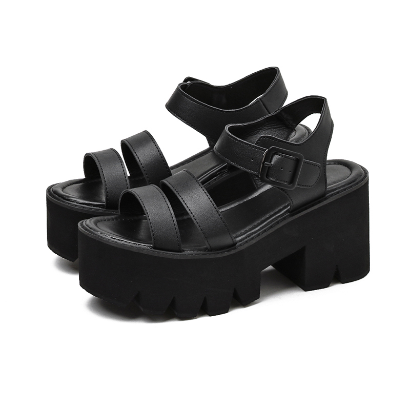 Women's PU Leather Black Platform Sandals With Buckles / Fashion High Heel Casual Shoes - HARD'N'HEAVY