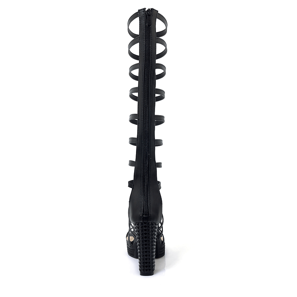 Back view of women's knee-high PU leather gladiator sandals with stylish straps and zipper.