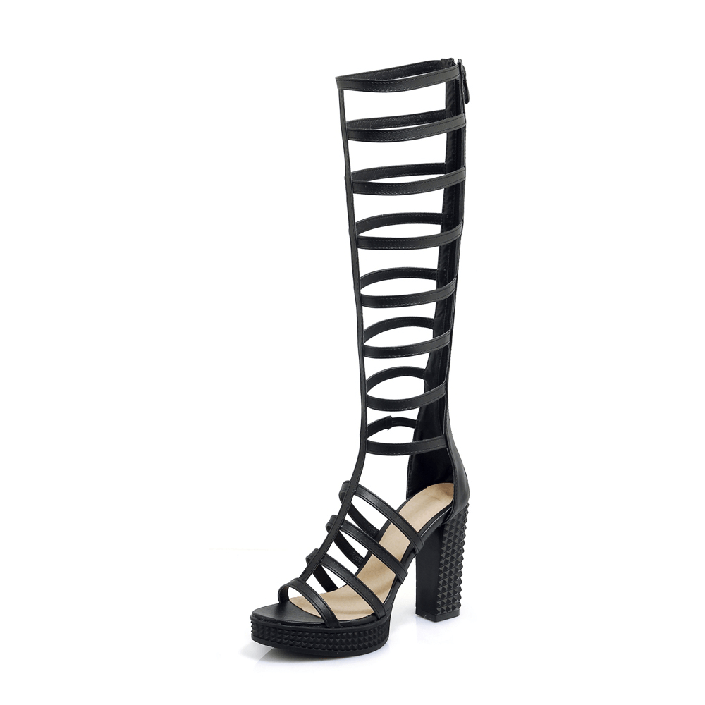 Stylish women's black knee-high gladiator sandals with a high heel and open strappy design, perfect for summer.