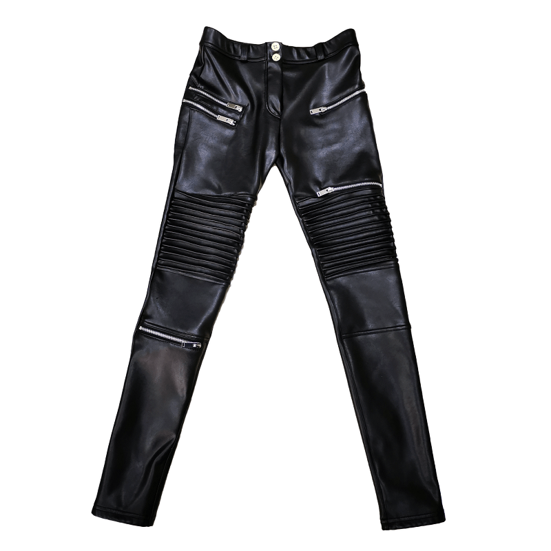 Stylish women's PU leather biker pants with zippers and ribbed details for a trendy rock look.
