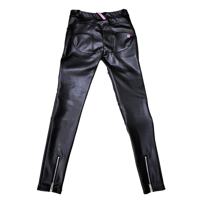 Women's black PU leather biker pants featuring a skinny fit and stylish zip details on the legs.