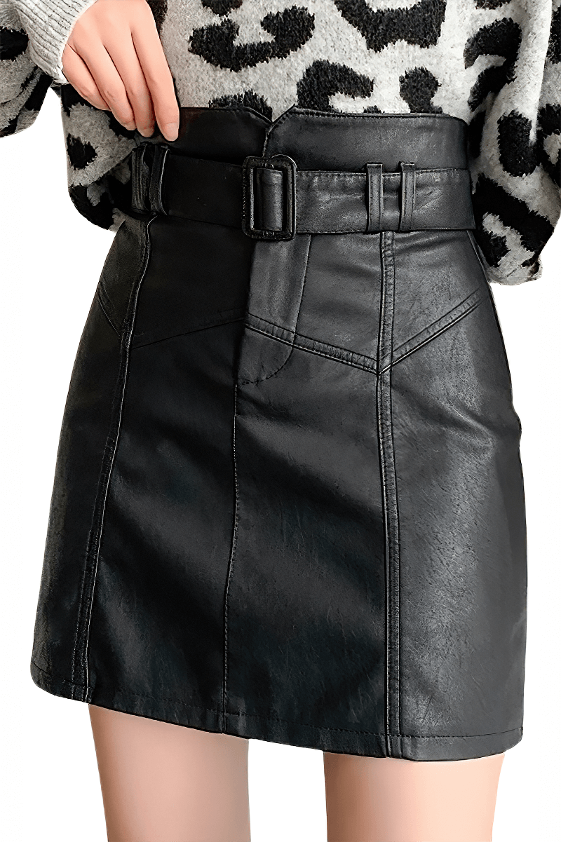 Women's PU Leather Slim Belt Skirt in Rock Style / High Waist Black Skinny Short Skirts - HARD'N'HEAVY