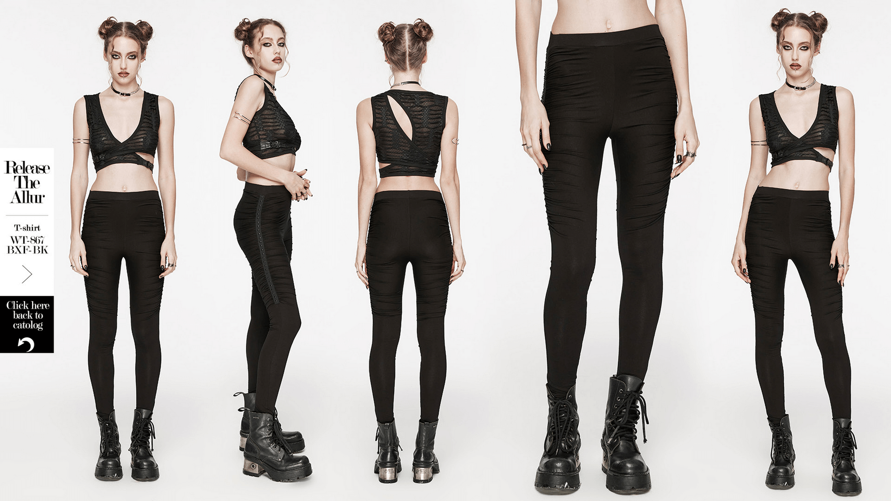 Women's Punk Black Leggings with studded pleats, showcasing a bold and edgy style with a snug fit.